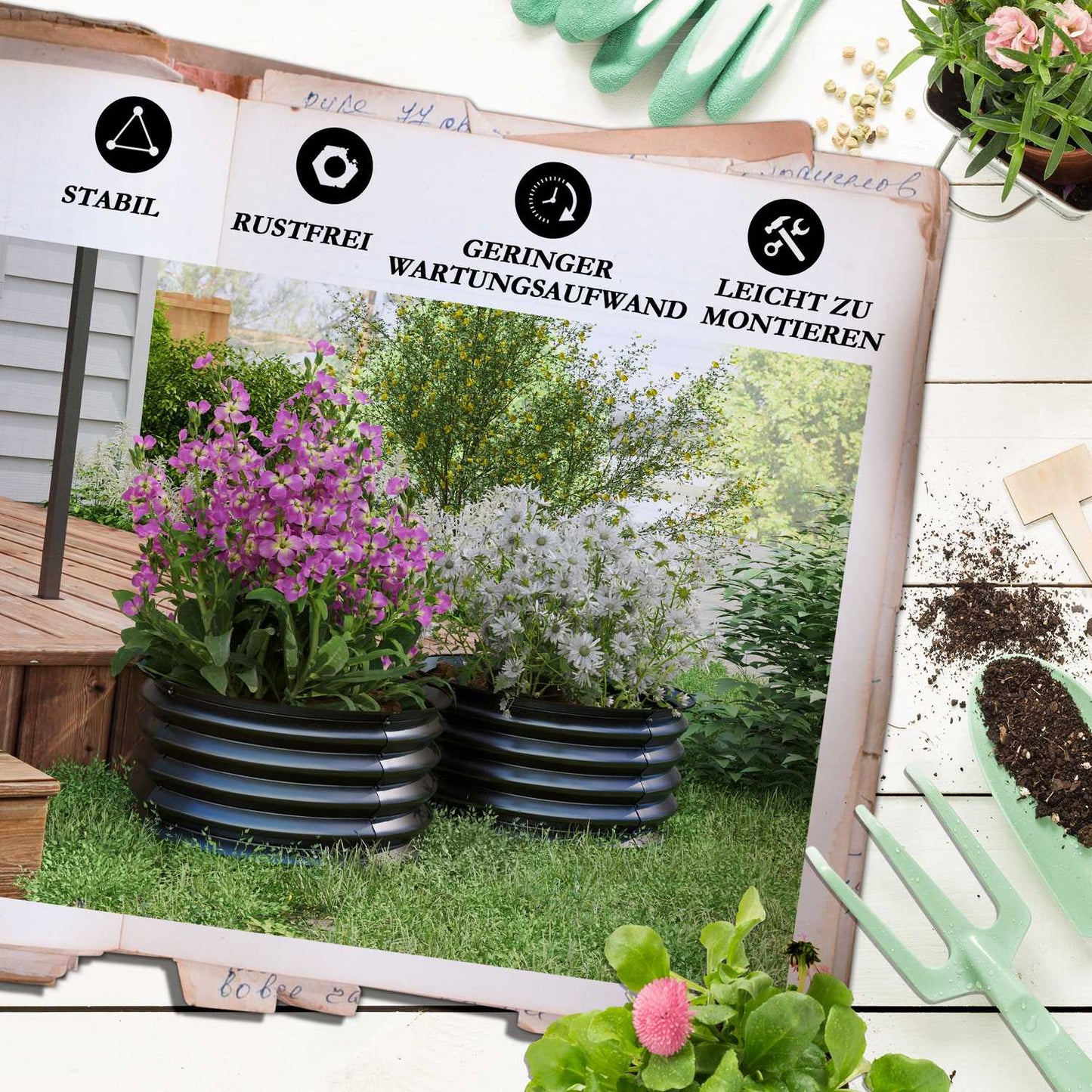 Steel garden beds, stackable, 60 x 30 cm, set of 2
