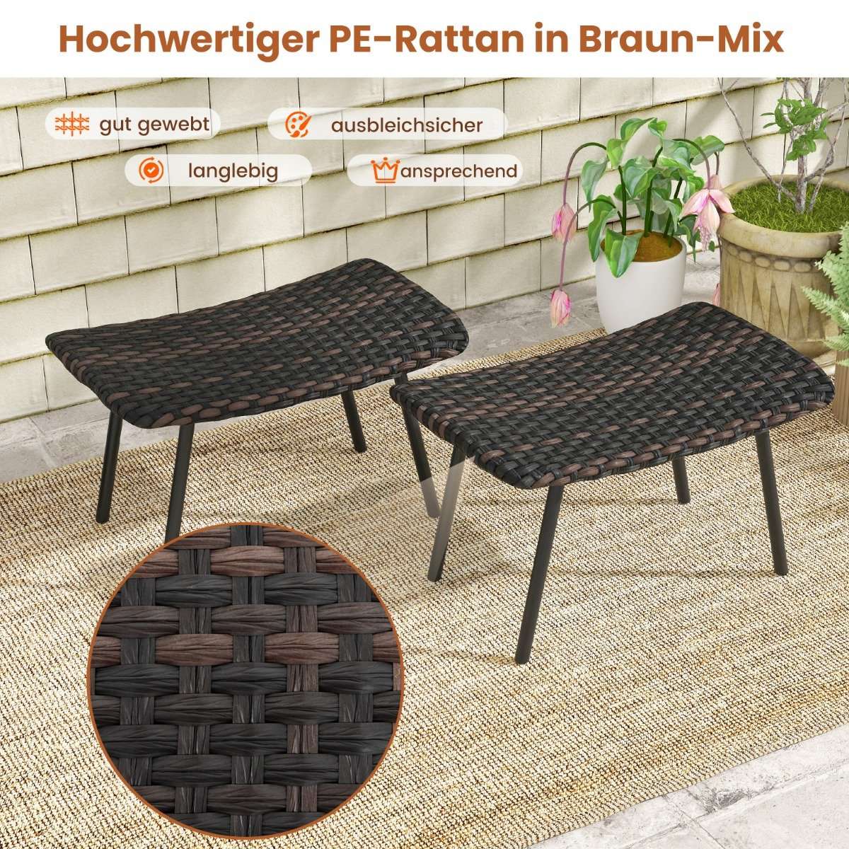 Set of 2 rattan footstools with quick-drying foam padding