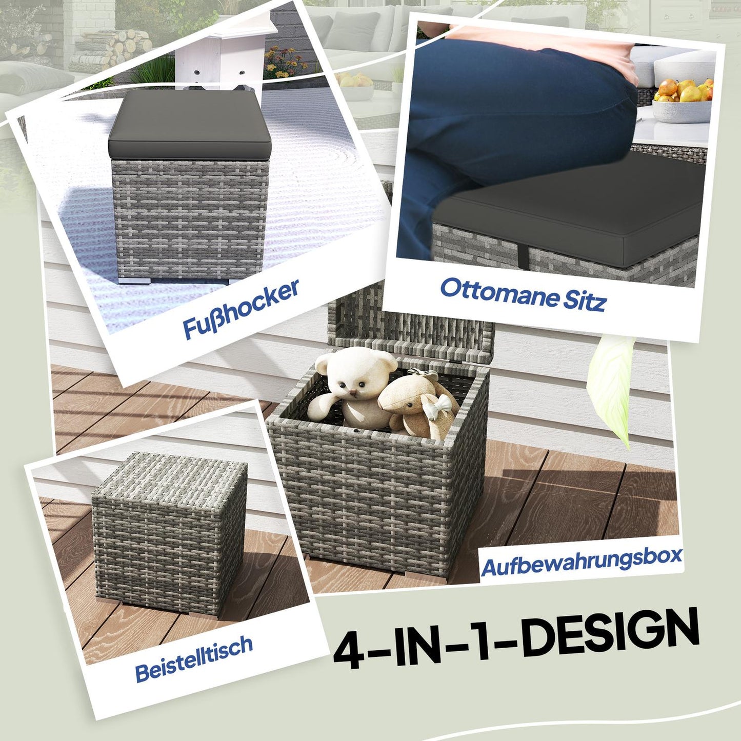 Outdoor Rattan Stools with Storage - Dark Grey, Weather Resistant