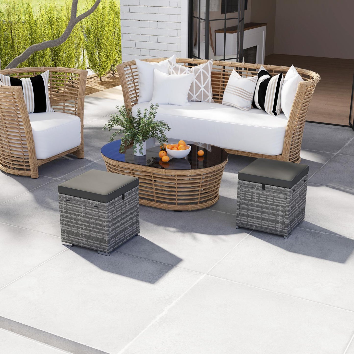 Outdoor Rattan Stools with Storage - Dark Grey, Weather Resistant