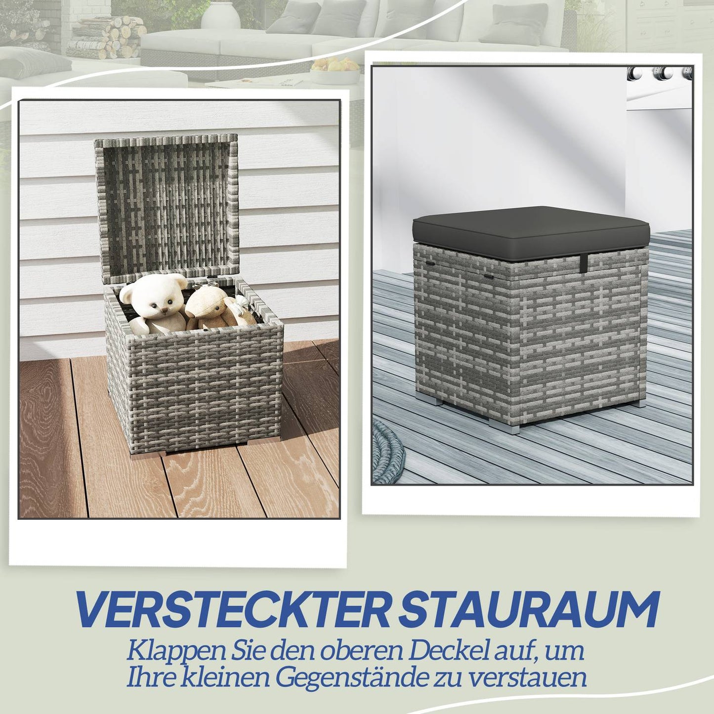 Outdoor Rattan Stools with Storage - Dark Grey, Weather Resistant