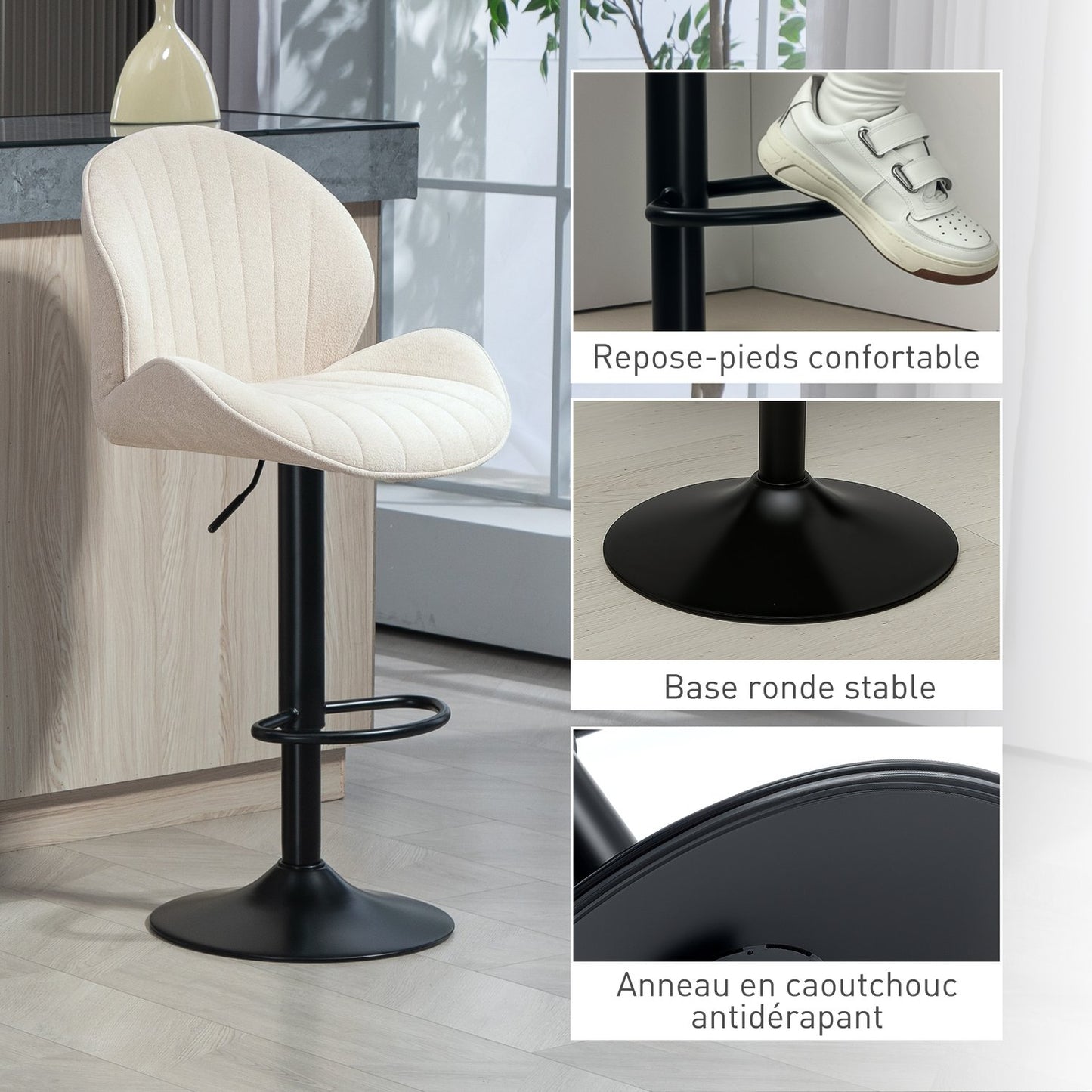 Adjustable Shell Bar Stools, Set of 2, Beige Steel Frame