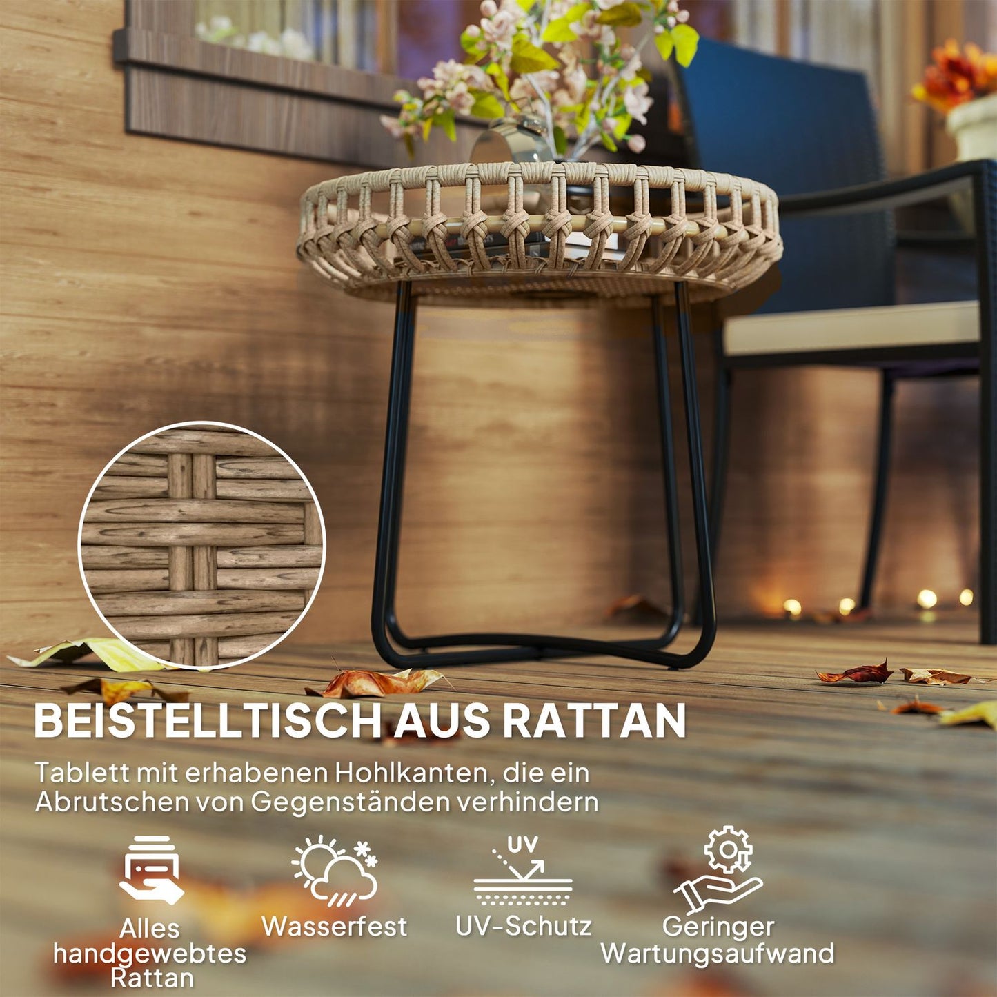 Round outdoor coffee tables in poly rattan - weatherproof, adjustable