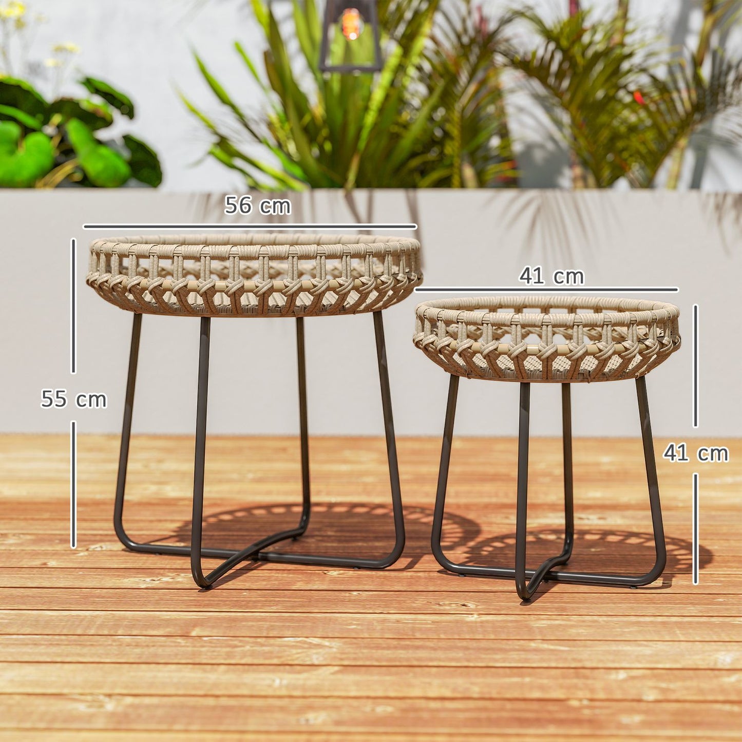 Round outdoor coffee tables in poly rattan - weatherproof, adjustable
