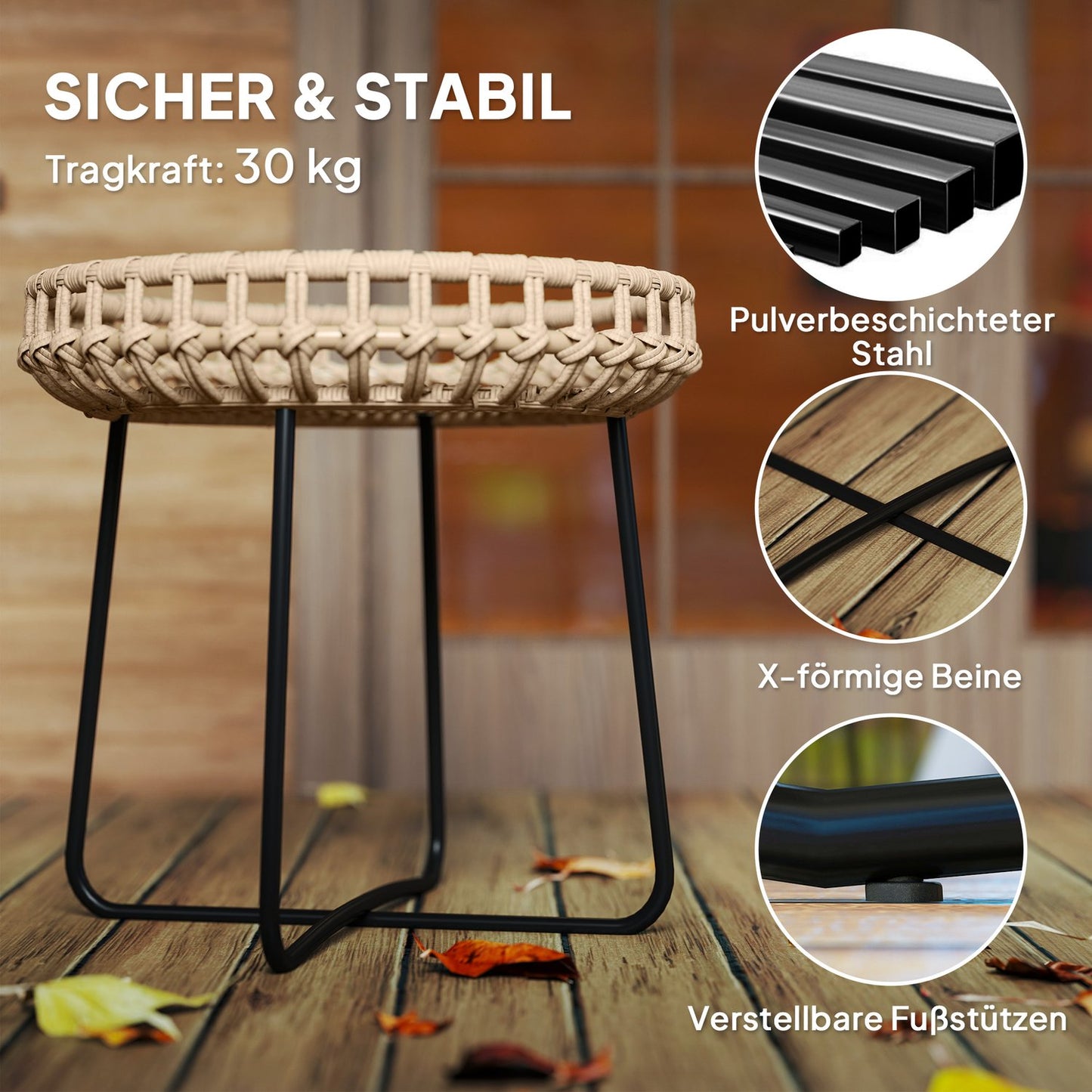 Round outdoor coffee tables in poly rattan - weatherproof, adjustable