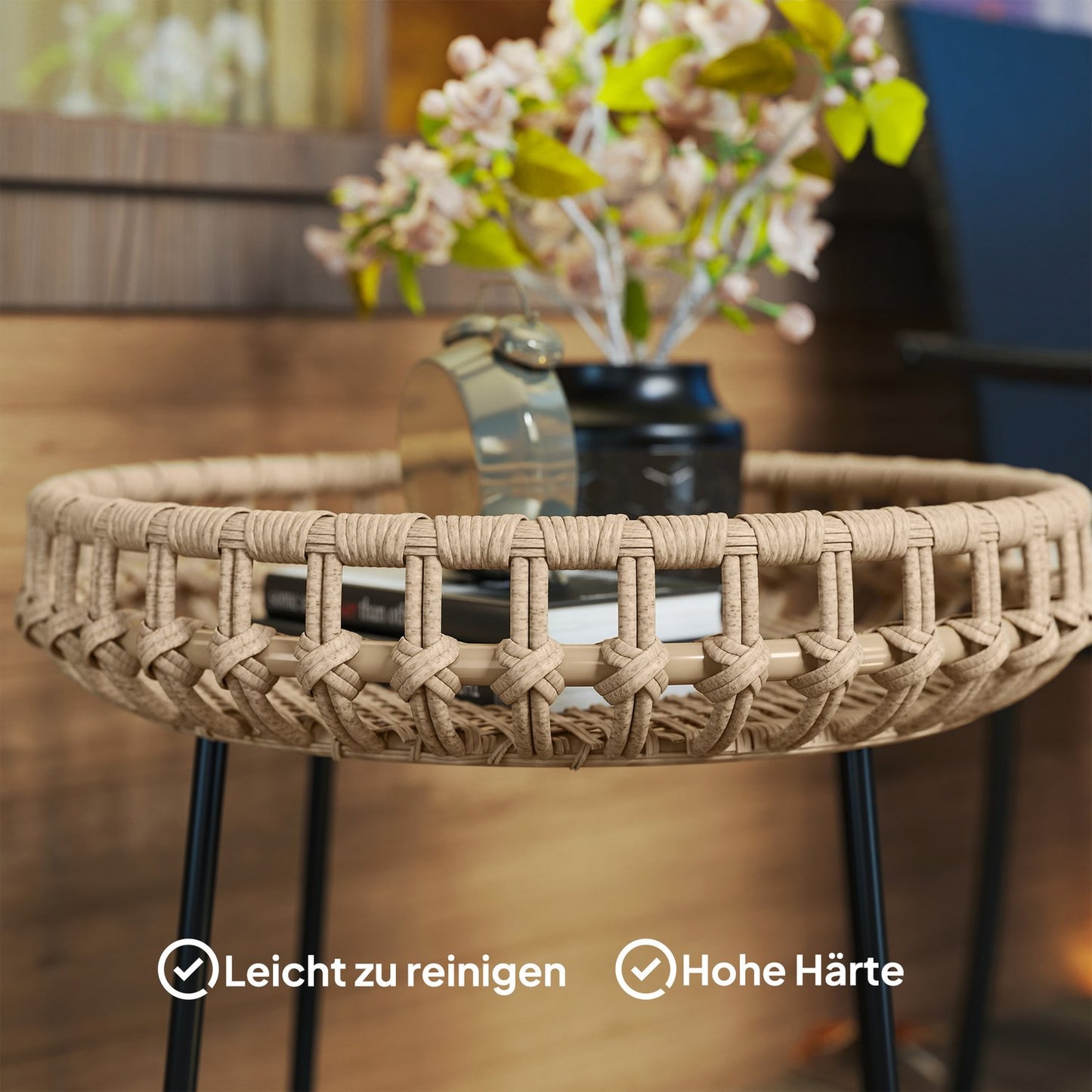 Round outdoor coffee tables in poly rattan - weatherproof, adjustable