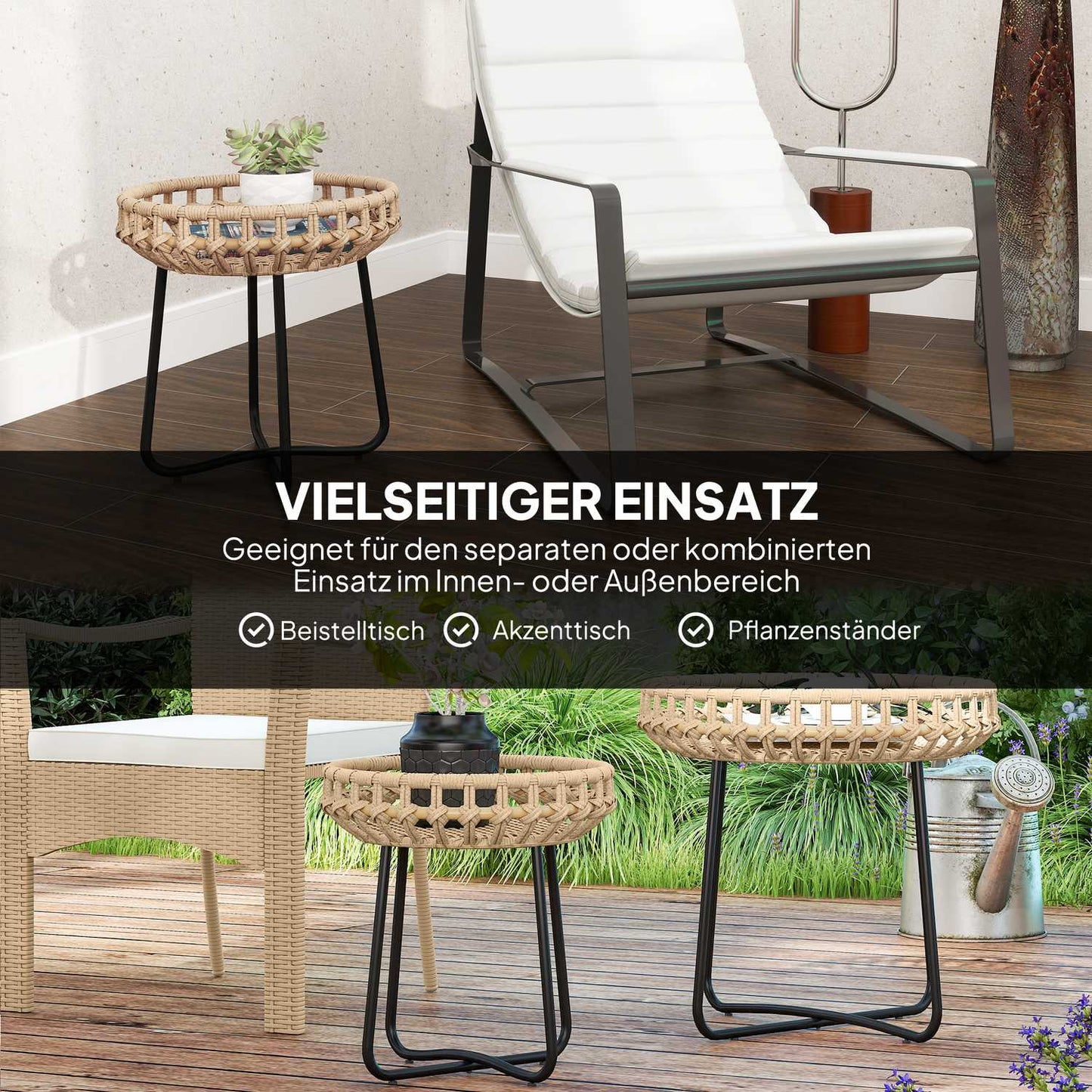 Round outdoor coffee tables in poly rattan - weatherproof, adjustable