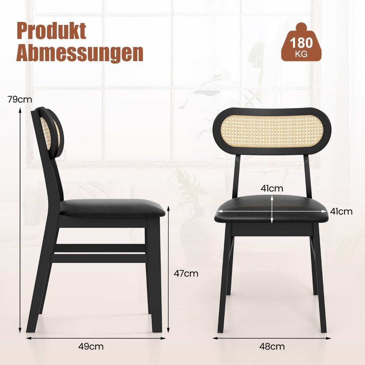 Set of 2 wooden dining chairs with black padded seat