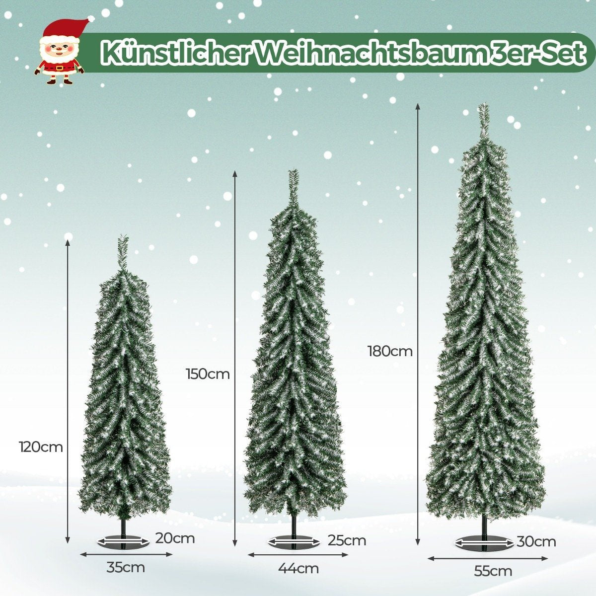 Set of 3 Artificial Pencil Christmas Trees 120+150+180 cm Christmas Tree for Home Office
