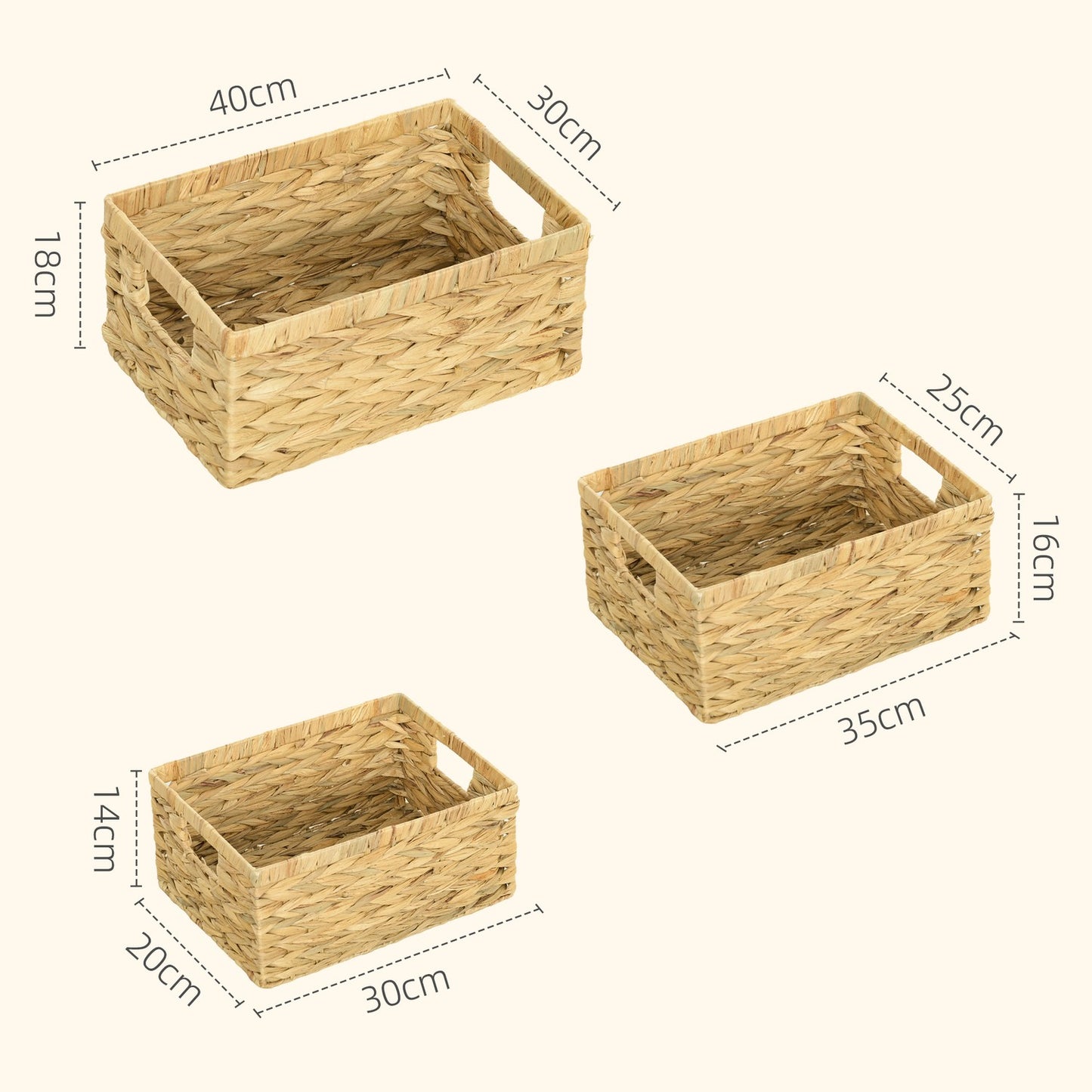 Woven storage baskets for water hyacinth, set of 3, 40x30x18 cm