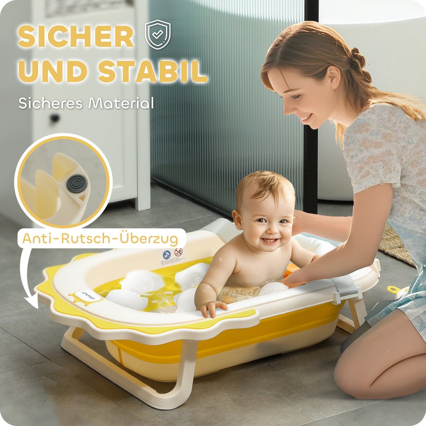 Foldable baby bathtub set with non-slip cushions, 0-3 years