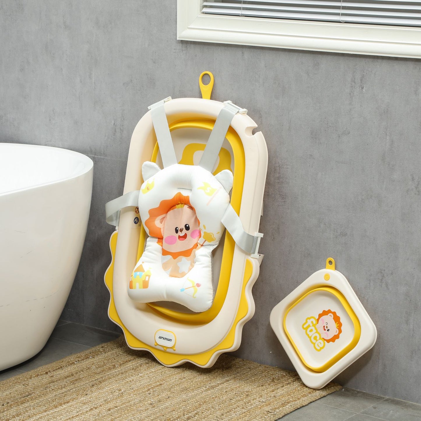 Foldable baby bathtub set with non-slip cushions, 0-3 years