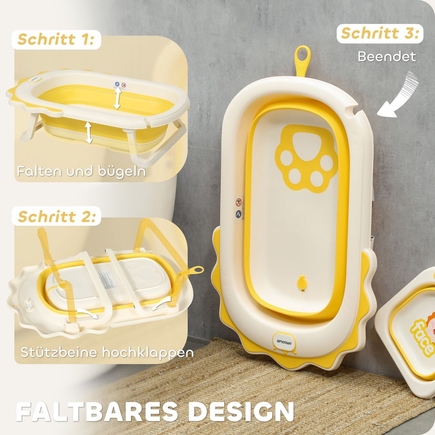 Foldable baby bathtub set with non-slip cushions, 0-3 years