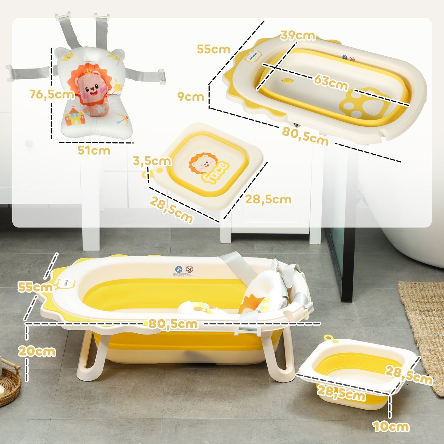 Foldable baby bathtub set with non-slip cushions, 0-3 years