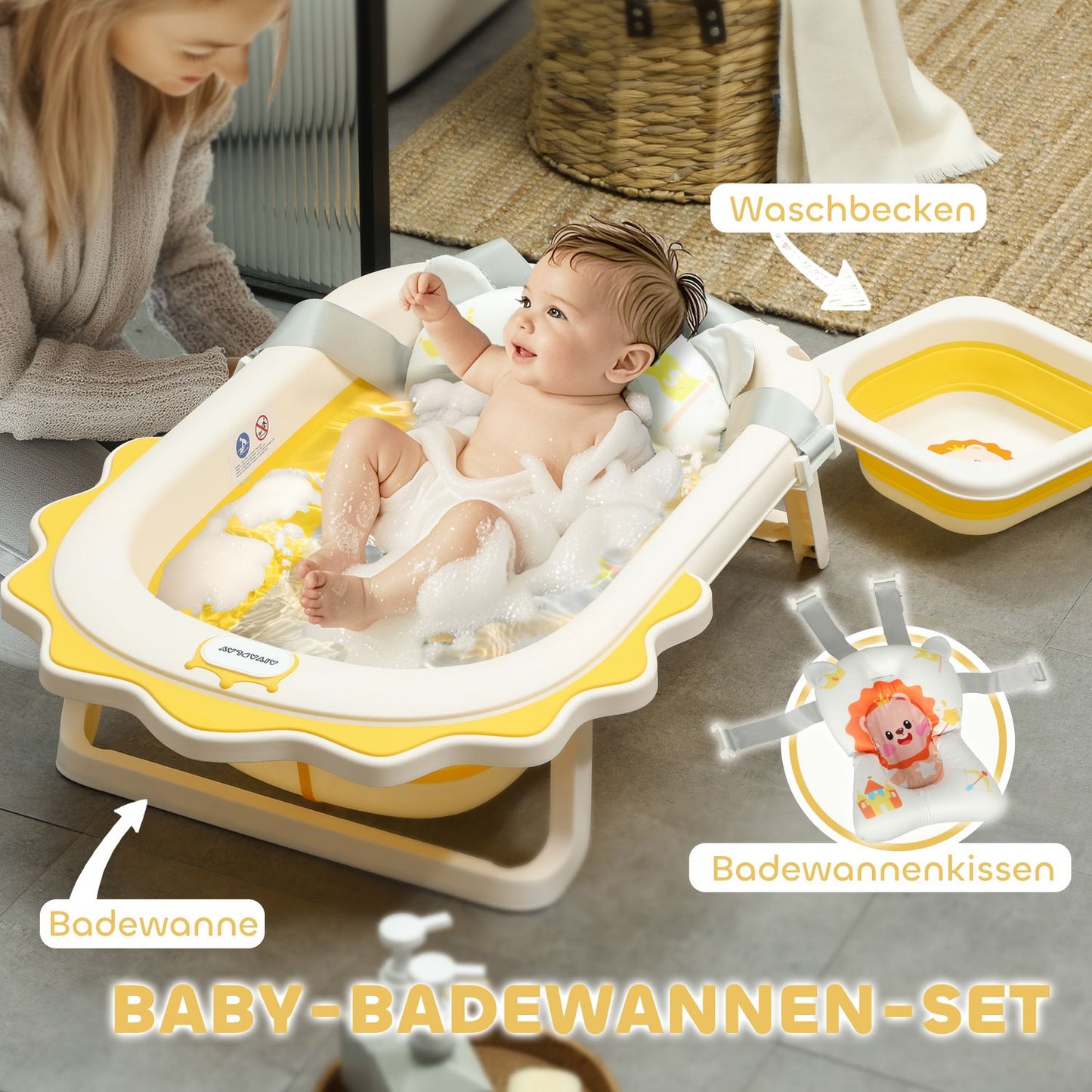 Foldable baby bathtub set with non-slip cushions, 0-3 years