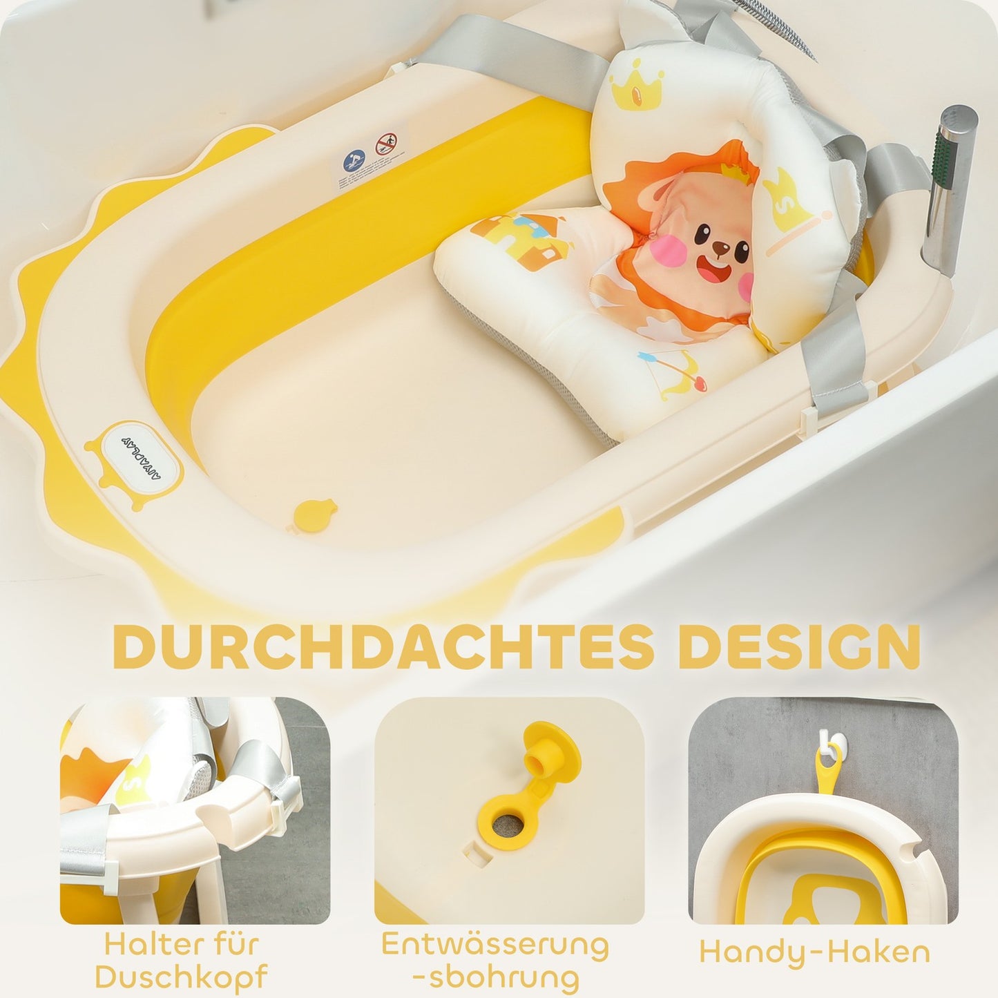 Foldable baby bathtub set with non-slip cushions, 0-3 years