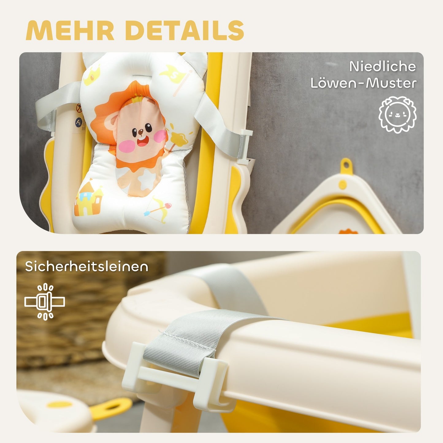 Foldable baby bathtub set with non-slip cushions, 0-3 years