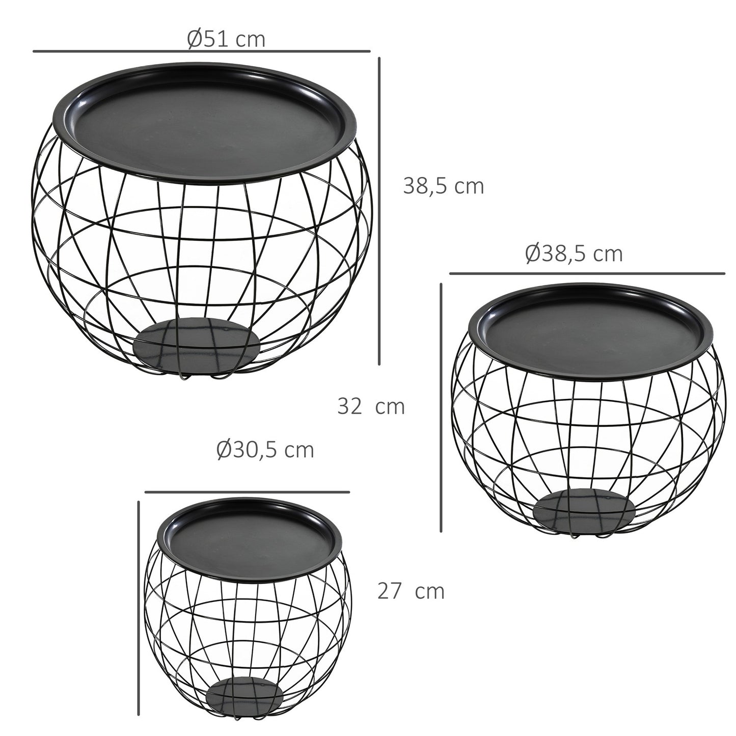 Black coffee tables - Set of 3 with removable tops