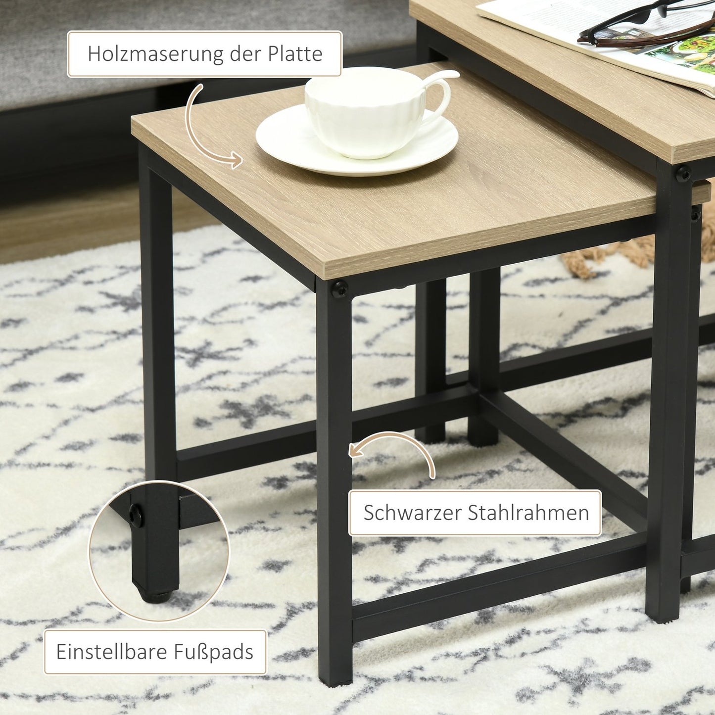 Nesting coffee table set with steel frame and wooden finish
