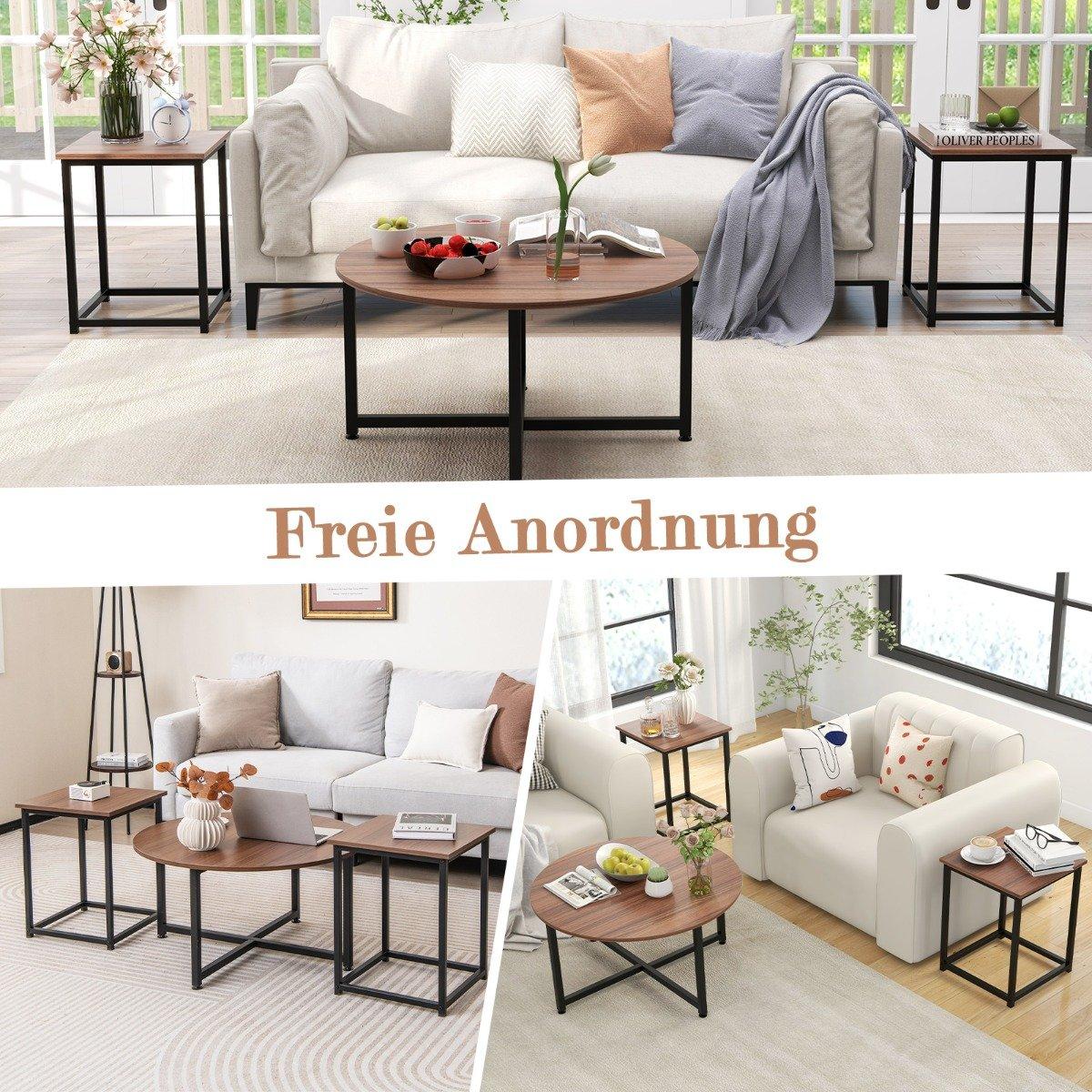 Set of 3 coffee tables with robust metal frame, round coffee table and 2 square side tables, brown