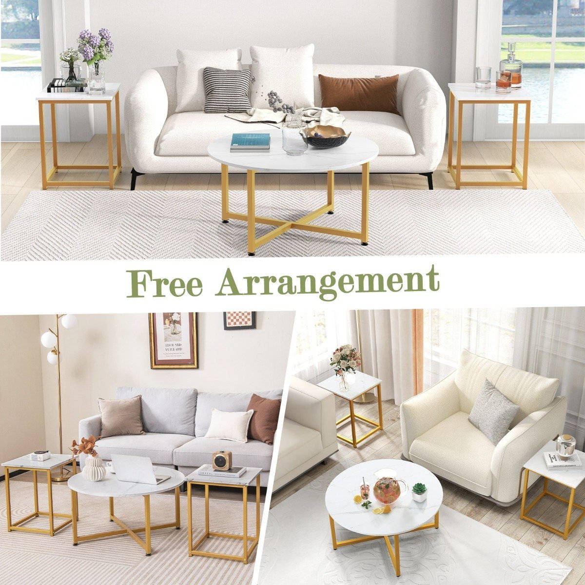 Set of 3 coffee tables with robust metal frame, round coffee table and 2 square side tables, white