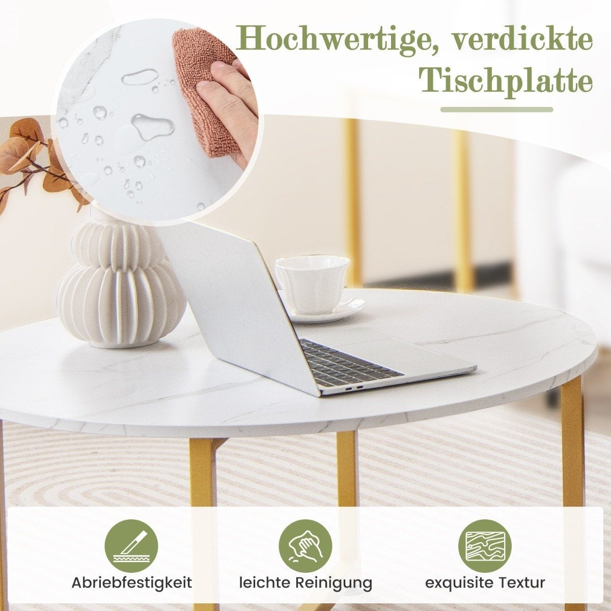 Set of 3 coffee tables with robust metal frame, round coffee table and 2 square side tables, white