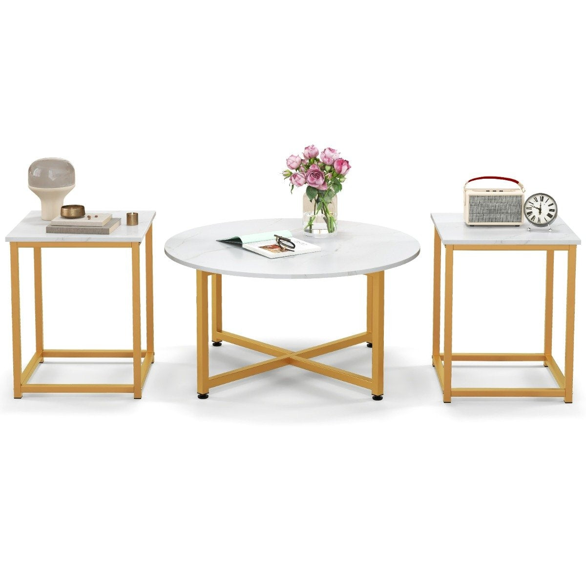 Set of 3 coffee tables with robust metal frame, round coffee table and 2 square side tables, white