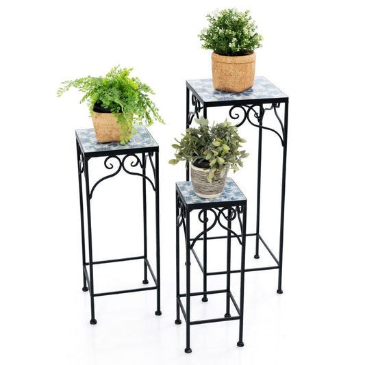 Set of 3 metal plant stands with mosaic tiles nestable planters blue 28/23/18cm