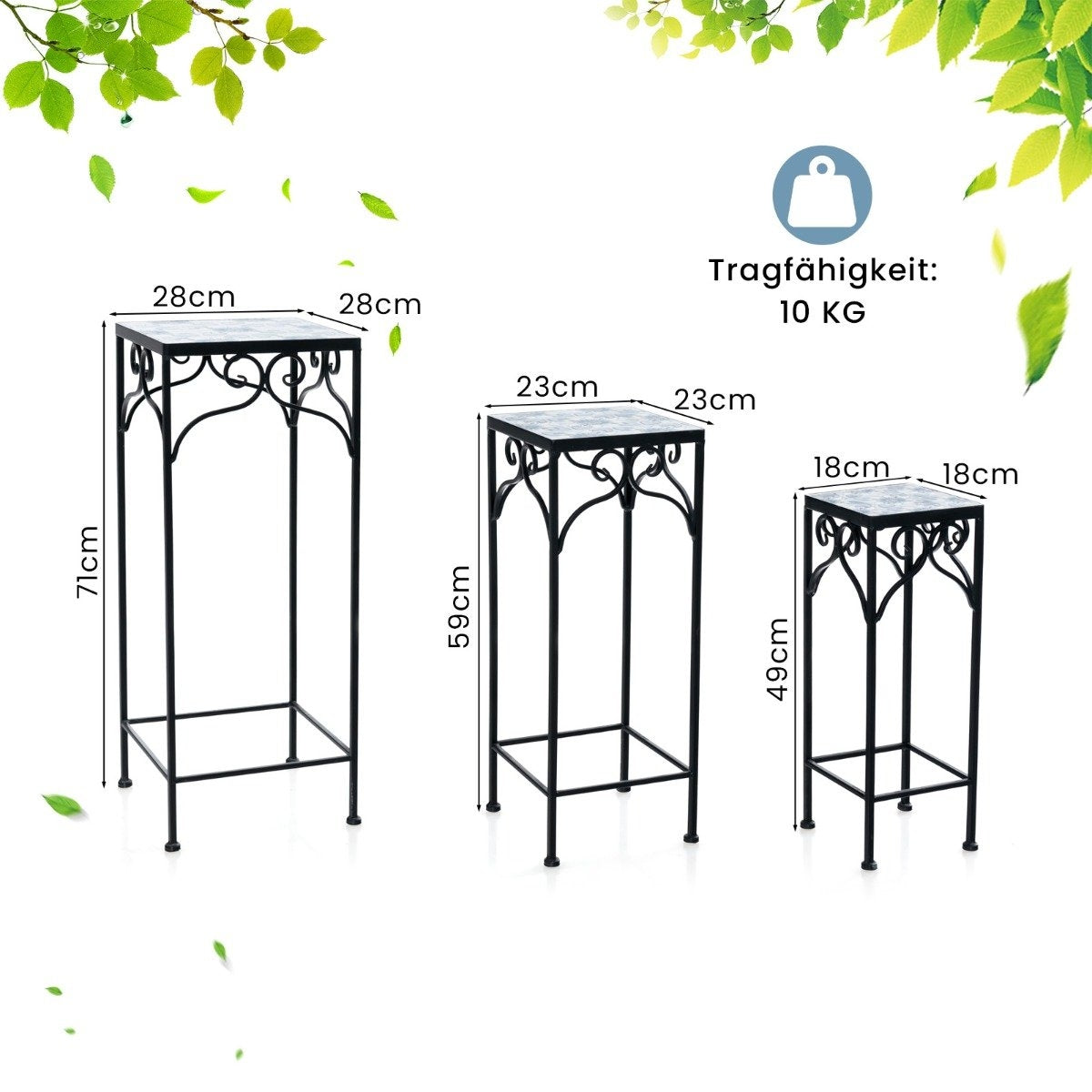 Set of 3 metal plant stands with mosaic tiles nestable planters blue 28/23/18cm