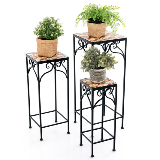 Set of 3 metal plant stands with mosaic tiles nestable planters yellow 28/23/18cm
