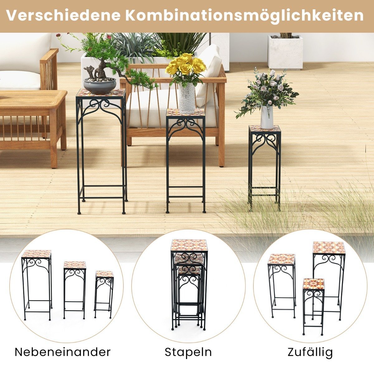 Set of 3 metal plant stands with mosaic tiles nestable planters yellow 28/23/18cm