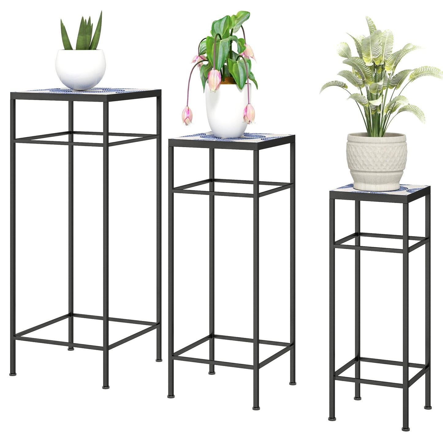 Metal plant stand for indoor use - Set of 3, blue and white, 71 cm