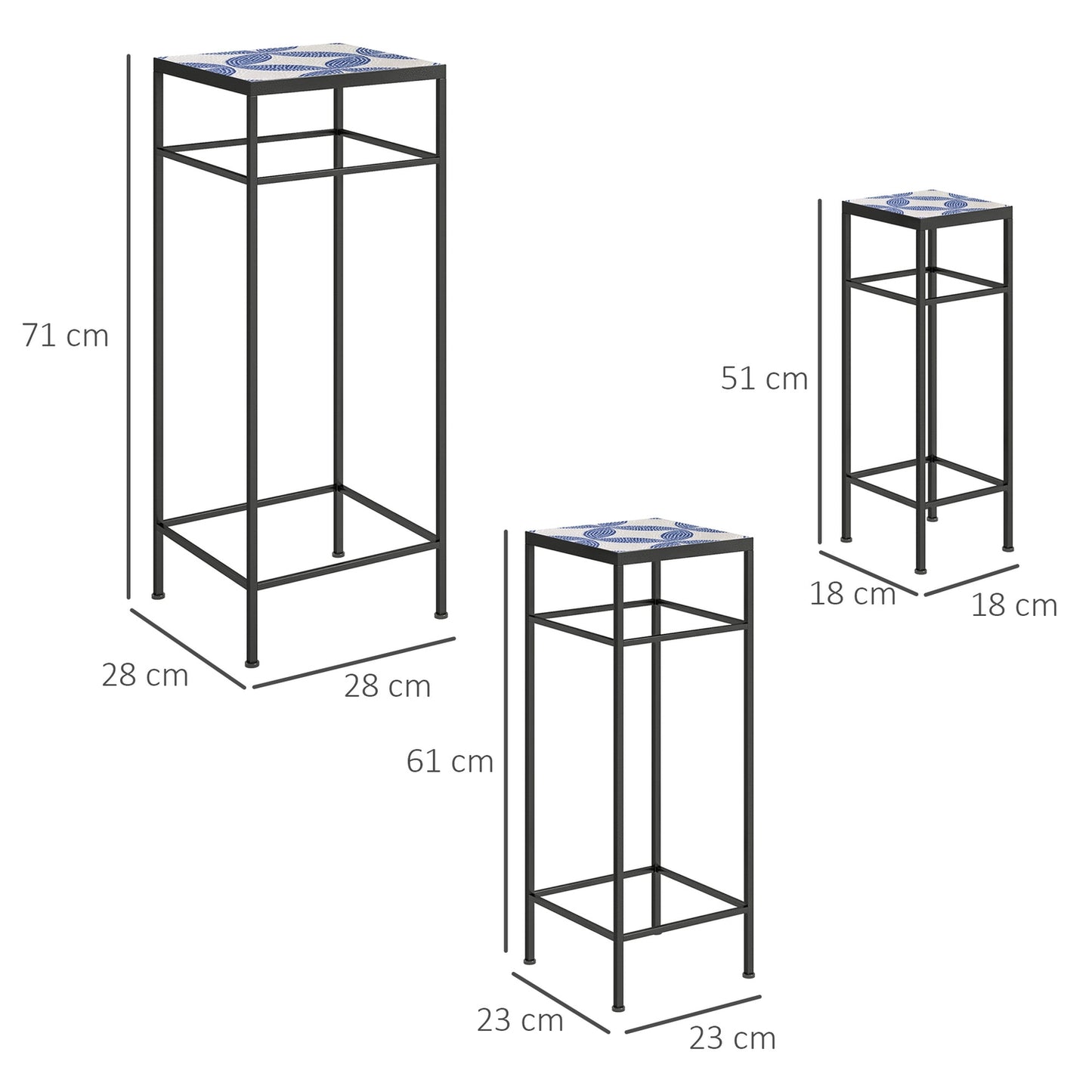 Metal plant stand for indoor use - Set of 3, blue and white, 71 cm
