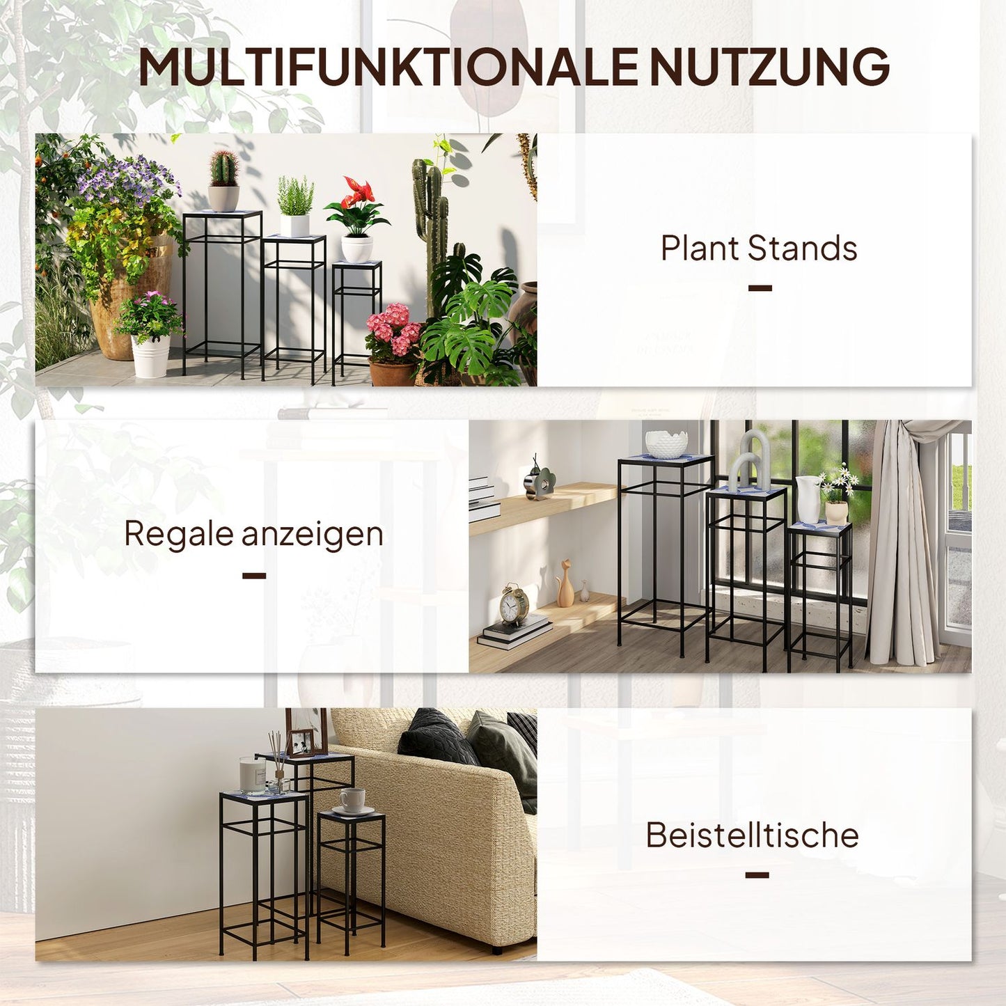 Metal plant stand for indoor use - Set of 3, blue and white, 71 cm