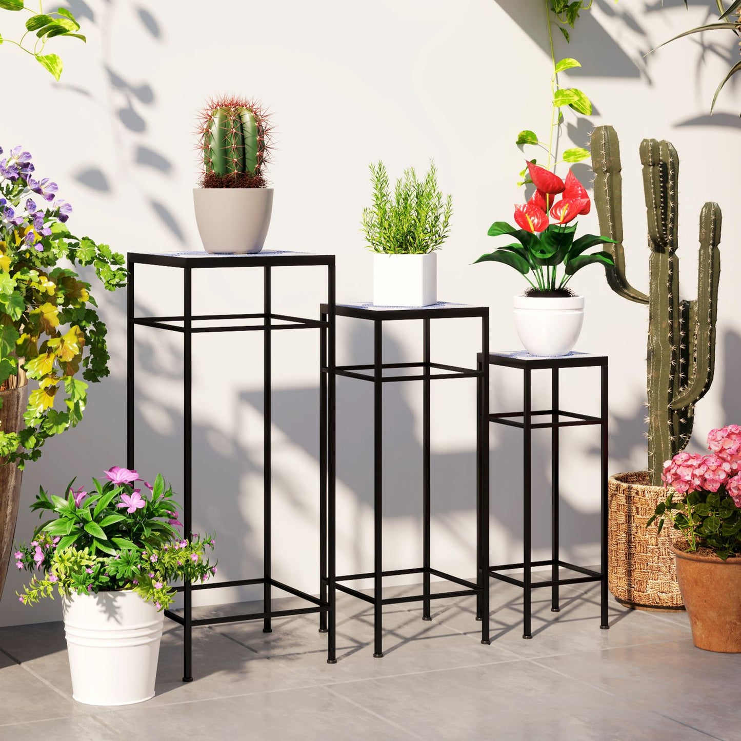 Metal plant stand for indoor use - Set of 3, blue and white, 71 cm