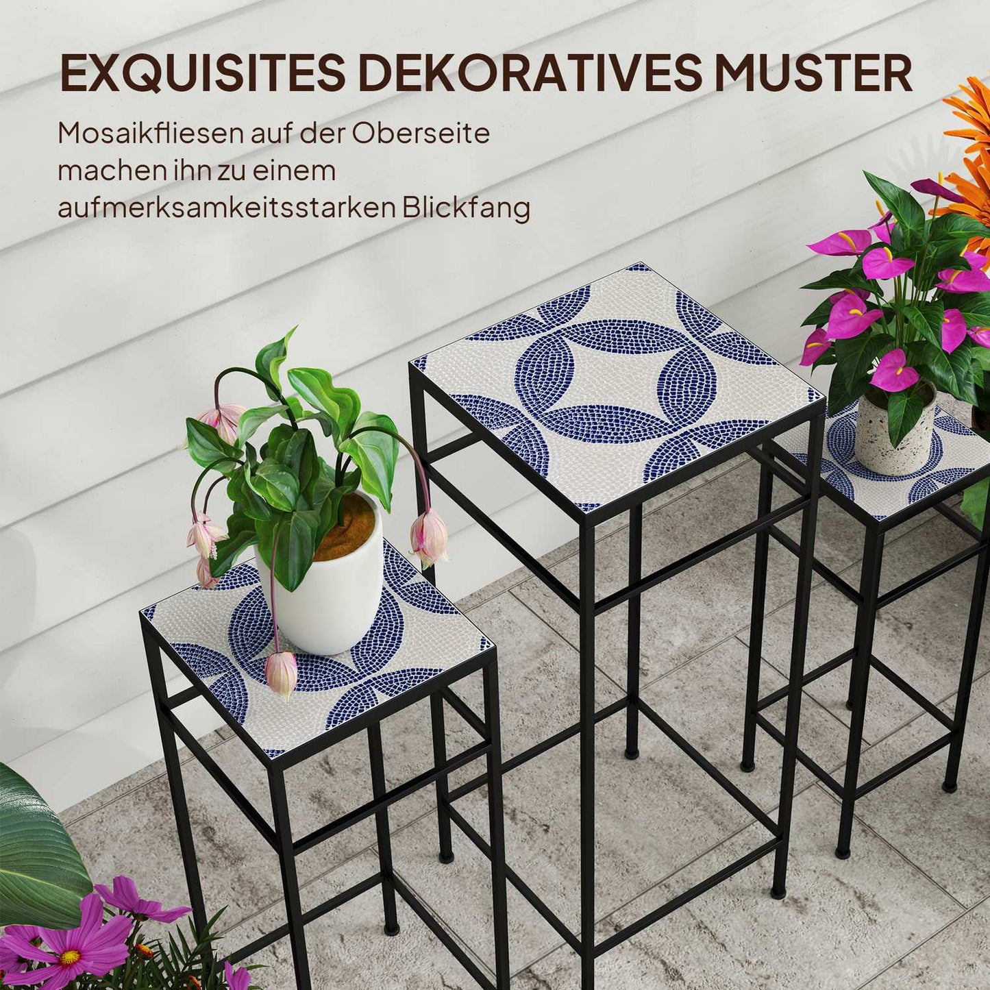 Metal plant stand for indoor use - Set of 3, blue and white, 71 cm