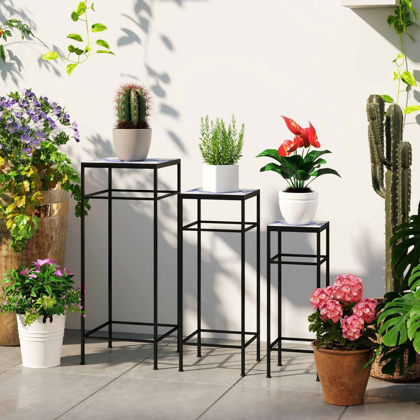 Metal plant stand for indoor use - Set of 3, blue and white, 71 cm