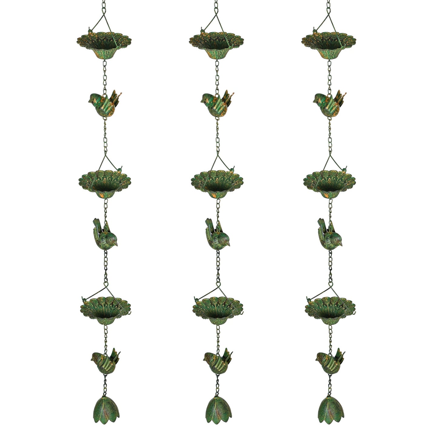 Metal rain chains for gutters, 3 sets with bells, 123 cm
