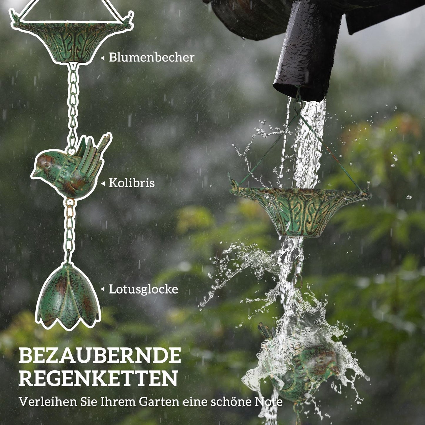 Metal rain chains for gutters, 3 sets with bells, 123 cm