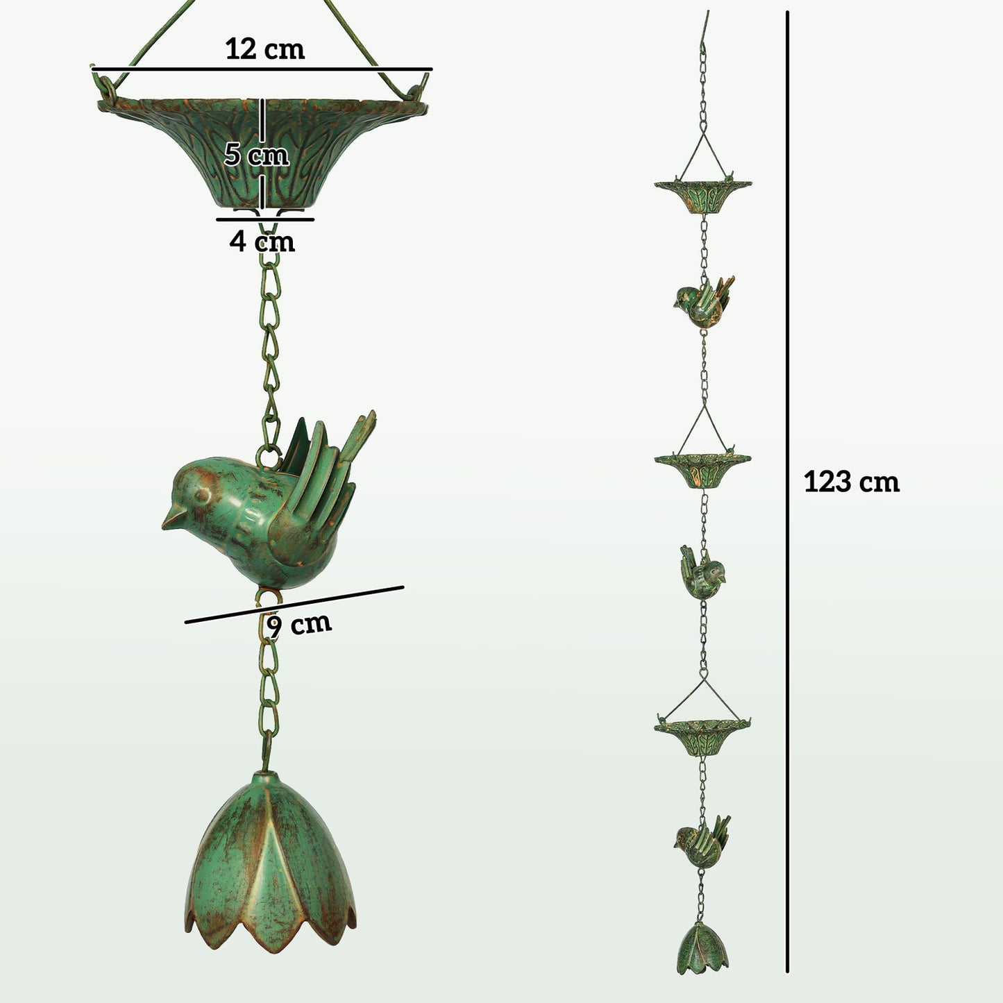 Metal rain chains for gutters, 3 sets with bells, 123 cm