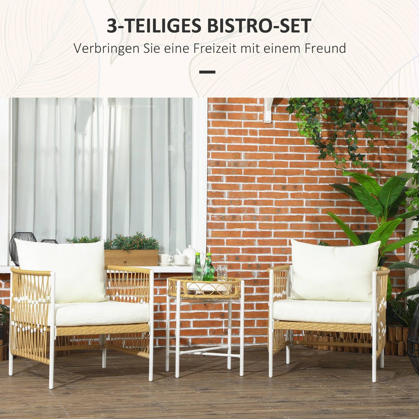 Rattan garden furniture: 3 pieces, cushions, yellow/cream