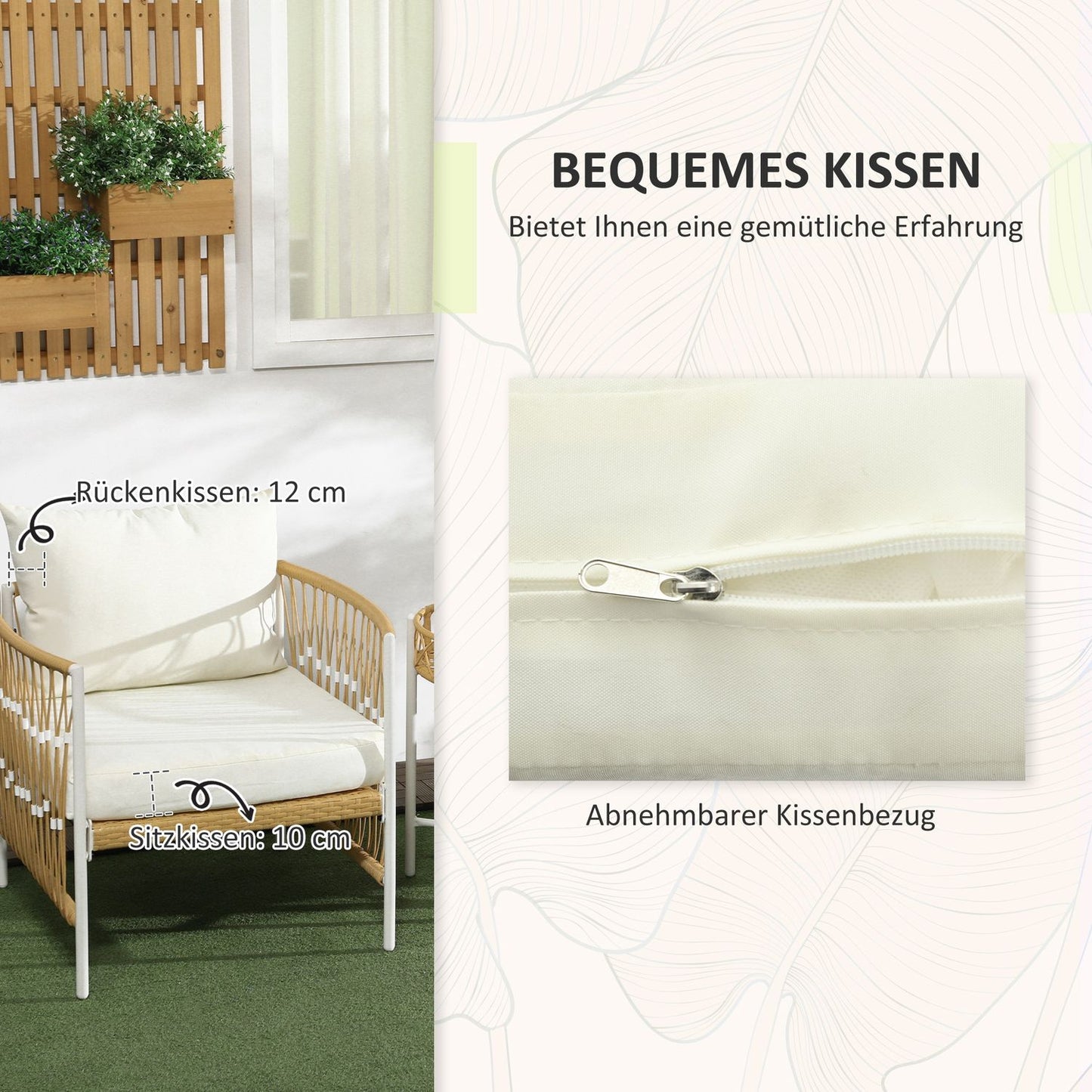 Rattan garden furniture: 3 pieces, cushions, yellow/cream