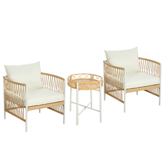 Rattan garden furniture: 3 pieces, cushions, yellow/cream