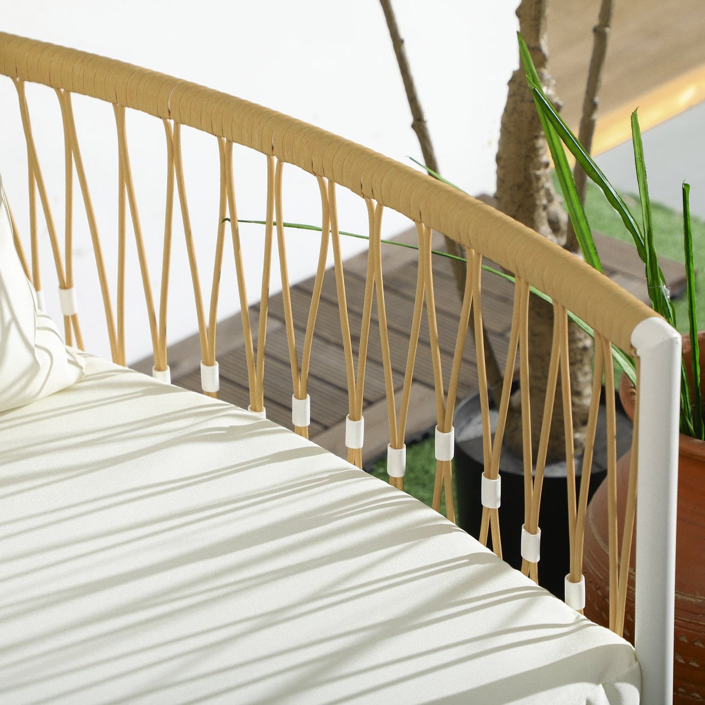 Rattan garden furniture: 3 pieces, cushions, yellow/cream