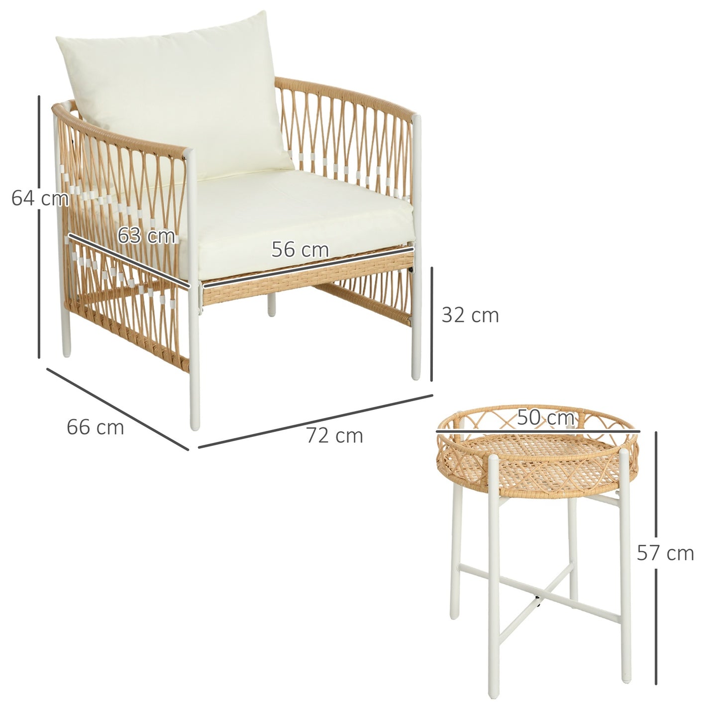 Rattan garden furniture: 3 pieces, cushions, yellow/cream