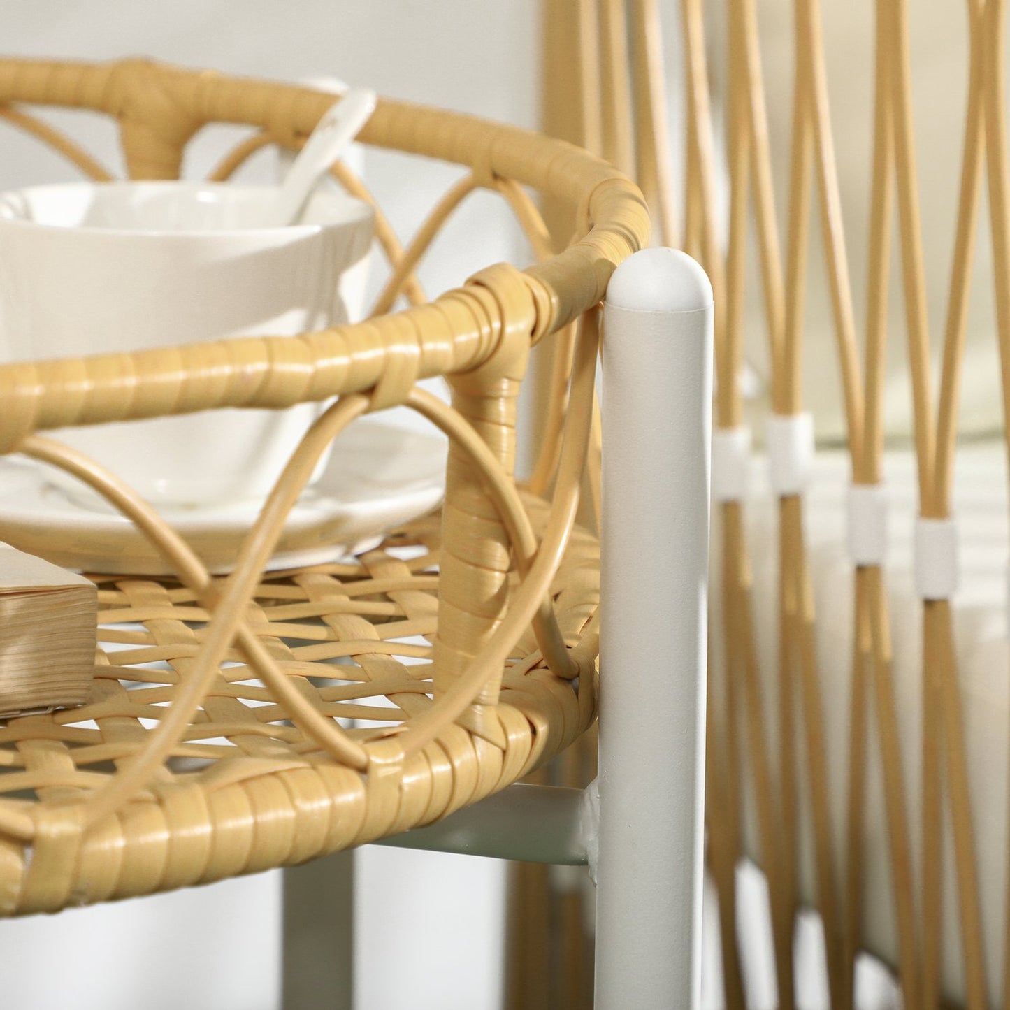 Rattan garden furniture: 3 pieces, cushions, yellow/cream