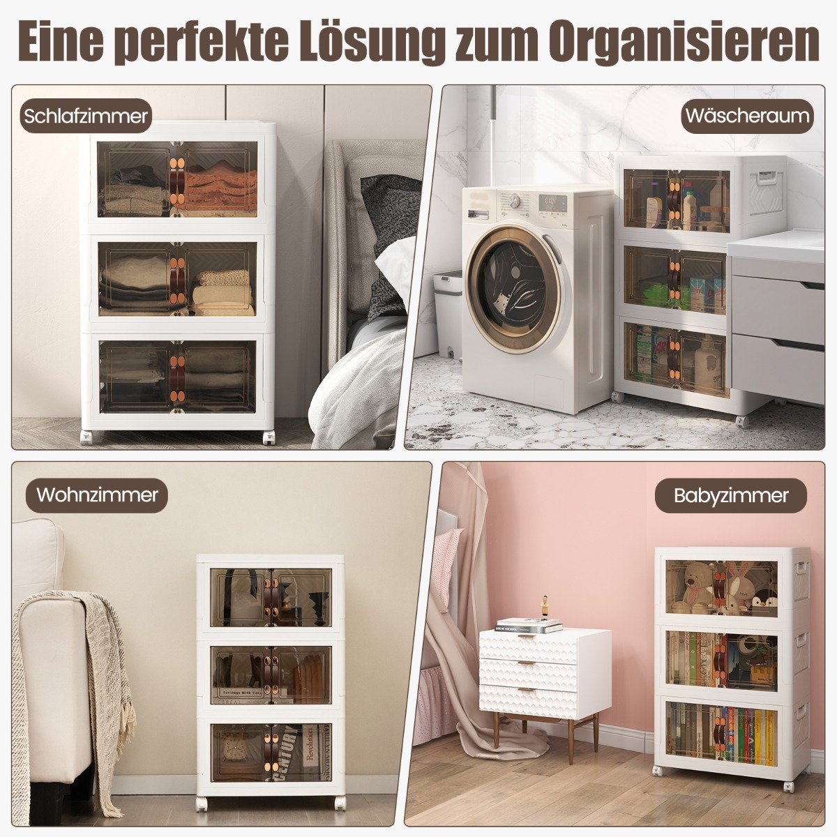 Set of 3 stackable storage boxes with lids and doors, foldable 44.5 x 30 x 77.5 cm