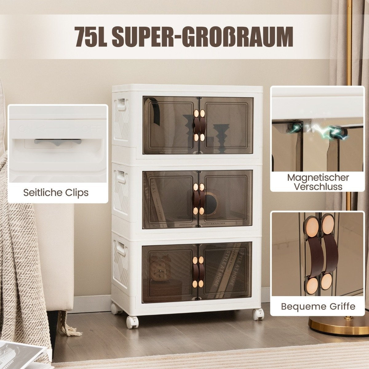 Set of 3 stackable storage boxes with lids and doors, foldable 44.5 x 30 x 77.5 cm