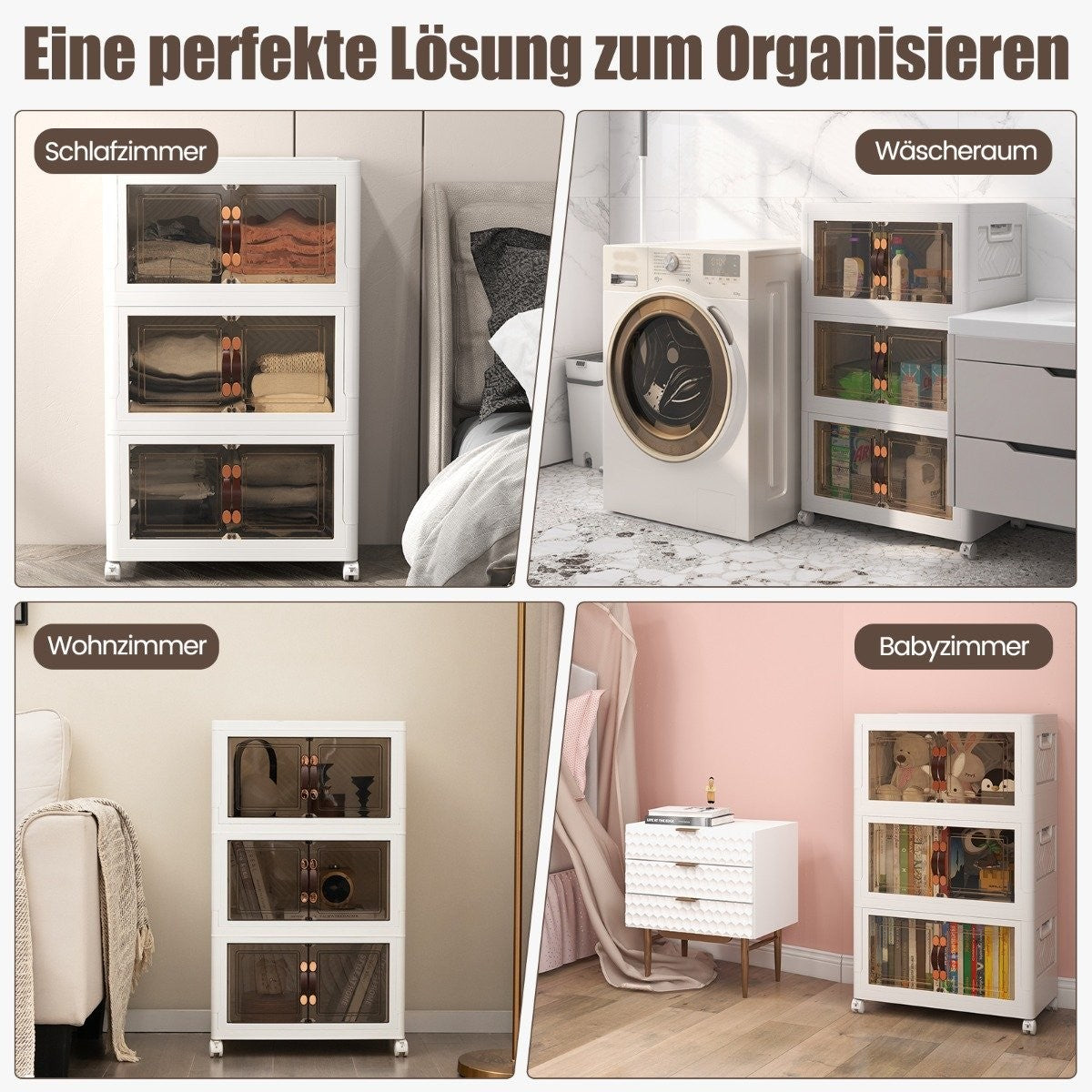 Set of 3 stackable storage boxes with lids & wheels & doors 49.5 x 31.5 x 86 cm