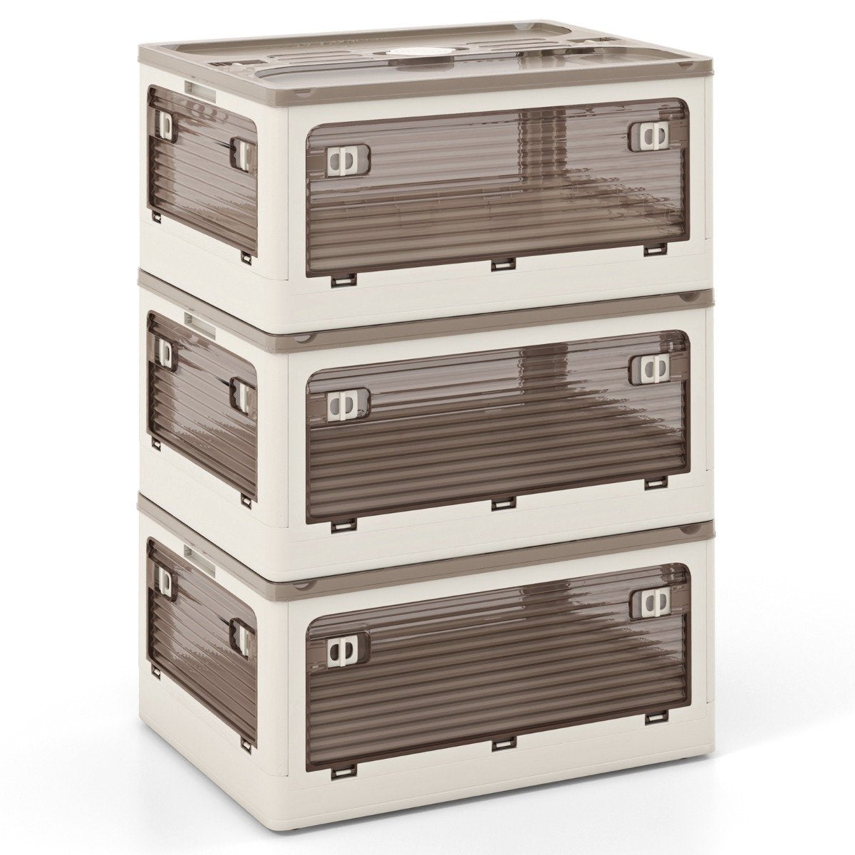 Set of 3 storage boxes with lids on wheels Foldable stacking boxes accessible from 5 sides 90 liters